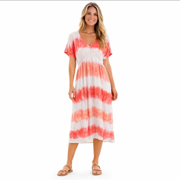 Knox Rose Dresses & Skirts - Knox Rose Boho Tie Dye Midi Dress XS Coral Pink Summer Peasant Tiered Maxi